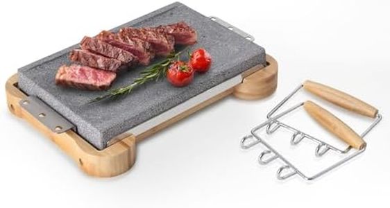 Artestia Cooking Stones for Steak, 11.8 x 7.87 Inches Lava Steak Stone for BBQ with Removable Handles Hot Rock Cooking Stone Set Includes Bamboo Base for Dinner and Family Fun