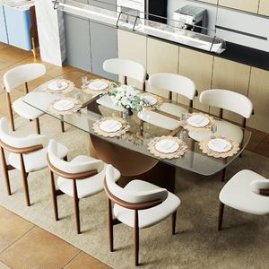 POVISON 94" Glass Dining Table for 6-8, Modern Rectangular Dining Table,Tempered Glass Table Top with U-Shaped Bronze Base,Ideal for Kitchens, Living Rooms