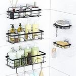 Vtopmart 5 Pack Shower Caddy Shelves Organizer with 4 Hooks, Self Adhesive Rack Storage Shelf for Inside Shower, Stainless Steel Bathroom Shower Wall Organization, Black