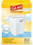 Glad Medium Kitchen Drawstring Trash Bags 8 Gallon White Trash Bag, Fresh Clean Scent, 80 Count (Package May Vary)