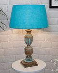 Homesake® Signature Rustic Table Lamp with Turquoise Drum Shade, Farmhouse Living Room Bedroom House Bedside Nightstand Home Office Reading Light, (Blue French Trophy)