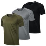 LUWELL PRO 3 Pack Mens T Shirts Gym Clothes Running Shirts Dry Fit Sport Tops for Men UK Moisture Wicking Athletic Shirt Breathable Short Sleeve Work Tshirts Multipack(YF-UK-560-Black Grey Green-M)