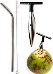 Ken's CocoMon Ken's CocoMon Coconut Opener Tool + Stainless Straw for Fresh Green Young Fruit Black Rubber Handle EZ Easy Grip Safe with Stainless Steel Drinking Straws (1 CocoMon + 1 Straw)