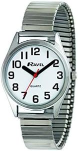 Ravel - Reloj Unisex Pulsera de Acero Inoxidable con Grandes números y Agujas - Tono Plateado/Esfera Blanca