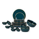 Shay Ceramic Dinner Set, 21 Pcs, Teal Gold | Shay Goldline Series | Crockery Set for Dining Table | Dining Sets Crockery Items | Glossy Finish | Premium Ceramic (Teal Gold, 21 Pieces)