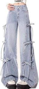 kakarin choyx Fashion Casual Straight High Waisted Baggy Jeans Y2K Gradual Patchwork Multiple Drawstring Wide Denim Pants XL Blue
