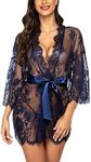 ADOME Women's Lingerie Kimono Sexy Lace Babydoll Lingerie with G String, navy blue, Medium