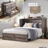 LUXOAK Murphy Bed Queen Size Cabinet Bed with Charging Station, Large Storage Drawer for Home Office or Small Room, Hideaway Bed Full Foldable Platform Bed, Rustic Grey