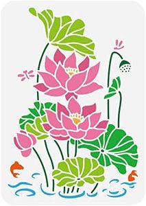 FINGERINSPIRE Lotus Water Lily Painting Stencil 11.7x8.3 inch Hollow Out Lotus Flower Bud Leaf Craft Stencil Fish Dragonfly Drawing Stencil Pond Scene Stencil for Wall, Photo Album, Furniture Decor