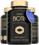 Biotin Hair Growth Tablets - Hair Skin and Nails Vitamins for Women & Men - 180 Biotin Tablets with Zinc 10000 mcg - High Strength Biotin Supplements - UK Made - Superior Absorption