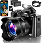 8K Digital Camera, 88MP WiFi Cameras for Photography with 3.2" Touchscreen, 16X Zoom Autofocus Vlogging Camera for YouTube Video, Anti-Shake, Dual Camera, 2 Batteries, 64GB Card, Flash, Lens Hood
