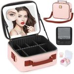 Aiborke Travel Makeup Bag with Led Mirror Make up Case with Lighted Mirror Cosmetic Organizer bag with Adjustable Dividers and 5X Magnifying Mirror Makeup Box Vanity Case for Women (Pink+Brown)