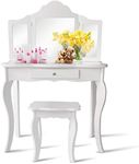 HONEY JOY 2 in 1 Kids Vanity Table & Chair Set, Princess Makeup Dressing Table with Drawer & Tri-Folding Mirror, Vanity Set with Detachable Top for Girls (White)