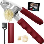 GORILLA GRIP Garlic Press and Peel Set, Heavy Duty Mincer Tool, Large Ergonomic Handle, Easily Mince and Crush Garlics, Ginger, Nuts, Seeds, Peeler Included, Peeling Cloves, Kitchen Gadgets, Red