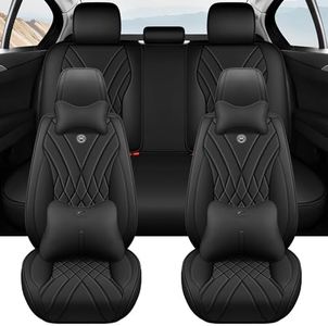 Amooca Car Seat Covers Full Set Automotive Seat Protection Fit for Most Cars SUVs Front & Back Seats Waterproof Nappa Leather Car Seat Cushion Breathable Black with Pillow & Lumbar Support