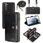 PU Leather Wallet Case for Galaxy S21 FE, Crossbody Lanyard Case Cover with 12 Card Holder Magnetic Detachable functional Cover for Samsung S21 FE (Galaxy S21 FE, Black)