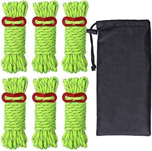 Hikeman 6 Pack 4mm Outdoor Guy Lines Tent Cords Lightweight Camping Rope with Aluminum Guylines Adjuster Tensioner Pouch for Tent Tarp, Canopy Shelter, Camping, Hiking, Backpacking (Fluorescent Green)