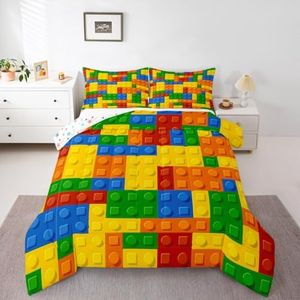 Feelyou Games Comforter Set Full Size Building Blocks Bedding Set for Kids Boys Girls Colorful Geometric Toy Brick Comforter Inner Fill Toddler Gaming Bedroom Nursery Quilt Duvet Set with 2 Pillowcase
