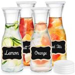 Kingrol 4 Pack Glass Pitchers, 34 Ounces/1 Liter Narrow Neck Glass Carafes for Water, Juicing, Iced Tea, Beverage, Wine, Mimosa Bar Supplies