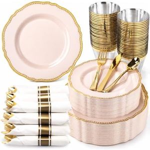 Hioasis 350 Pcs Pink and Gold Plastic Plates for Wedding & Party