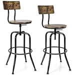 COSTWAY Set of 2/4 Bar Stool, Height Adjustable Swivel Counter Bar Chairs with Ergonomic Backrest & Footrest, Industrial Tall Barstools (2 Pcs, with Backrest, 150kg Capacity, Brown)