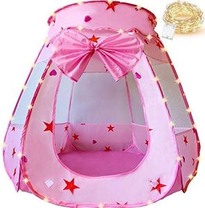 KingBee Pink Princess Pop Up Play Tent Ball Pit with Lights, Toys Gifts for Kids Girls Boys 3 4 5 6 Year Old, Baby and Toddler Will Love It. Easy Pop Up No Assembly Required, Indoor Outdoor Use (Pink)