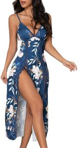 Rigeri Long Nightgowns for Women Lingerie Sexy Night Gowns for Woman Silk Lingerie Dress Sexy Sleepwear for Women Navy Blue Floral S