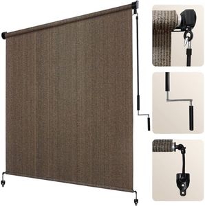 Artpuch Outdoor Roller Shade 8' W x 8' H Fabric Blind Mocha Cordless Roll Up Shade, Wand Operation Exterior Roller Shade Cloth for Patio Porch Gazebo, Spliced of Two Poles, One-Piece Fabric