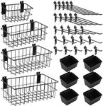 MUZIK 35 Pcs Slatwall Accessories, 4 Pcs Black Metal Slatwall Baskets, 6 Pcs Storage Slatwall Bins and 25pcs Multisized Slatwall Hooks Accessories for Organizing Shop, Garage Slatwall Panels