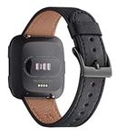 WFEAGL for Fitbit Versa 2 Bands Women Men, Top Grain Leather Band Replacement Strap for Fitbit Versa 2/Versa/Versa Lite/Versa SE Fitness Smart Watch(Black Band+Black Buckle)