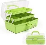 Creahaus 12in 3 Layer Multipurpose Storage Box/Craft Storage Boxes With Compartments/Plastic Tool Box/Medicine Storage Box/Hair Accessories Organiser/Sewing Box with 2 Trays (Green)