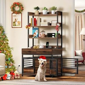 DWVO Dog Crate Furniture with Storage Shelves, Heavy Duty Dog Crate with Drawers & Charging Station, 39 Inch Dog Kennel Indoor Furniture for Large Dogs, Modern Dog Crate with Double Doors, Brown