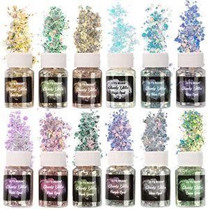 LET'S RESIN Opal Chunky Glitter for Resin, 12 * 10g Craft Powder for Tumblers/Slime, Iridescent Chameleon Glitter Sequins Festival Decor(Each 0.35oz)