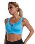 PLUMBURY Padded Front Zip Medium Impact Racerback Adjustable Strap Sports Bra for Women, Size M to 3XL Blue