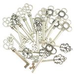 Mixed Set of 30 Vintage Old Look Skeleton Keys Fancy Heart Bow Necklace Pendants (Silver)