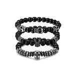 Flongo Men's Biker Stainless Steel Skull Skeleton 8MM Black Bead Stone Bracelet,Men Link Bead Bracelet for Christmas New Year (3 PC)