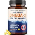 Triple Strength Omega 3 Fish Oil | 120 Softgels | 3600 mg Fish Oil | Over 2100mg of Omega-3 Fatty Acids | Heart and Cognitive Support | 1300mg EPA + 860mg DHA | Wild Caught & Burpless | 120 Ct