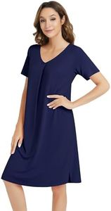 NACHILA Women's Nightgowns-Viscose Made from Bamboo, Soft Short Sleeve Nightgowns Comfy V Neck Night Shirt Cooling Sleepwear Navy Blue XX-Large