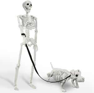Lighted Human & Dog Skeleton Halloween Decorations Outdoor/Indoor - 36 Inch Realistic Full Body Movable Posable Skeleton Spooky Halloween Decor for Garden Yard Porch Party Haunted Graveyard