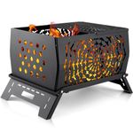 Odoland Wood Fire Pits, Camping Bonfire Stove, Burning Fire Pits for Outside, Rectangle Cast Iron Campfire Pit for Patio Backyard, with Spark Screen Fire Poker Metal Gate Carry Bag,Honeycomb Version