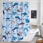 Cute Kids Shark Shower Curtain for Bathroom, Ocean Cartoon Fish Under The Sea Animals Boys Fabric Shower Curtains Set, Beach Navy Blue Restroom Decor Accessories with Hooks 72X72Inches