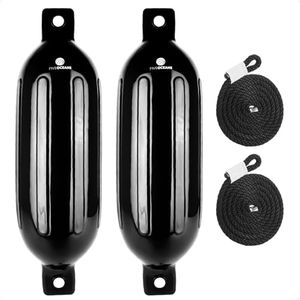 Five Oceans 2-Pack Twin Eye Ribbed Boat Fenders 4.5 x 16-Inch, Black, Boat Bumpers for Docking with 2 Ropes Lines 3/8-Inch x 5-Ft for Pontoon Sport Boats Sailboats - FO4948
