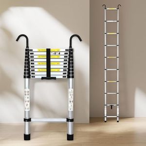 Traderight 3.8M Telescoping Ladder with 2 Detachable Hooks, Multi-Purpose Extension Ladder, Aluminum Folding Ladder Collapsible Ladder Adjustable Extendable Ladder for Homeuse EN131 Standard