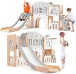 8 in 1 Toddler Slide Indoor Playground, Indoor Slide Toddler Playset for Toddlers 1-3, Kids Outdoor Playground with Slide, Basketball Hoop, Climber, Crawling Tunnel, Telescope, Toy Storage