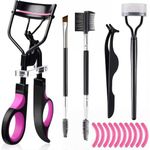 MAYCREATE® Eyelash Curlers Kit, Set of 5Pcs Makeup Tools, Includes Eyelash Curlers with 10 Silicone Refills Pads, Dual Head Eyebrow Brush, Eyelash Brush, False Eyelash Tweezer, Steel Mascara Brushes