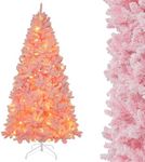 Costway 215 cm Pink Flocked Christmas Tree, Hinged Xmas Tree with 1200 PVC Branch Tips, 500 LED Lights & 8 Lighting Modes, Pre-Lit Decoration Tree for Home, Office & Carnival, Easy Assembly