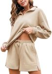 Flygo Women's Cotton 2 Piece Outfits Sweatsuit Lounge Sets Casual Half Zip Crop Top and High Waisted Shorts Tracksuit