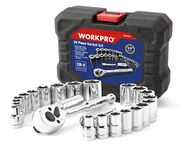 WORKPRO 24PC Socket Set 3/8" Ratchet Drive Sockets Wrench, 11pc Metric & 10pc SAE Sockets, Extension Bar Spark Plug Rachet Set Spanners with Blow Molded Case