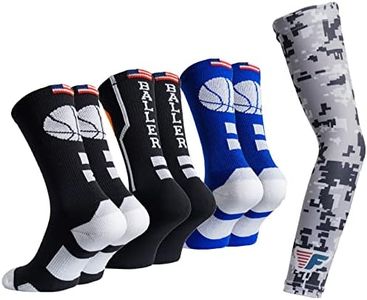 Forever Fanatics Youth Boys Basketball Socks Sports Athletic Crew Socks with Basketball Arm Sleeve - Made in USA, 3 Pack Ball Black/Royal