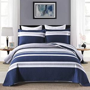 DUOHONG Quilts King Size - King Quilt Bedspread Sets, 100% Cotton Quilt Bedding Set for King Bed, 3 Pieces Striped Reversible Lightweight Quilted Quilt Set Bed Spread, Navy Blue